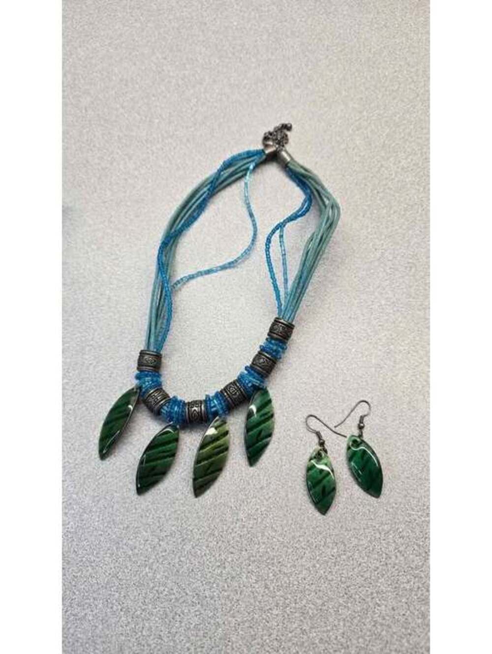 Boho Necklace & Earrings Set Green Leaf Pendant Blue Beads Tribal Style